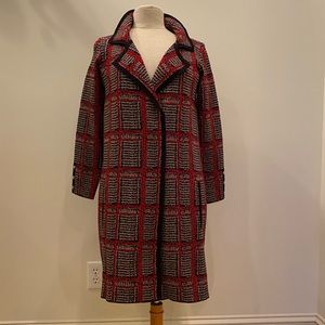 Vintage Womens 3/4 Length Red Tan Black Plaid Knit Cardigan /Knit Coat / Size M